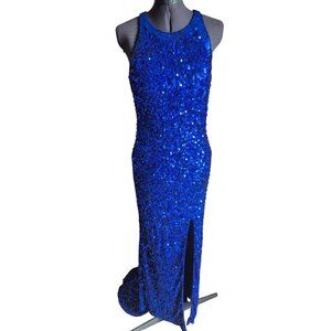 Primavera Royal Blue Sequin Gown With High Slit Size 12